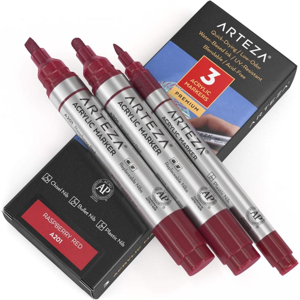 imageARTEZA Acrylic Paint Markers Pack of 3 A403 Rose Pink 1 Thin and 2 Thick Chisel  Bullet Nib Paint Pens for Canvas Rock Glass WoodRaspberry Red A201