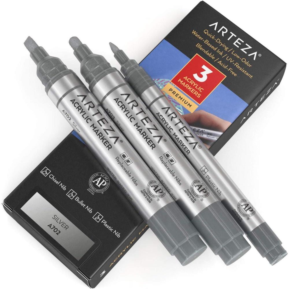 imageARTEZA Acrylic Paint Markers Pack of 3 A403 Rose Pink 1 Thin and 2 Thick Chisel Bullet Nib Paint Pens for Canvas Rock Glass WoodSilver A702
