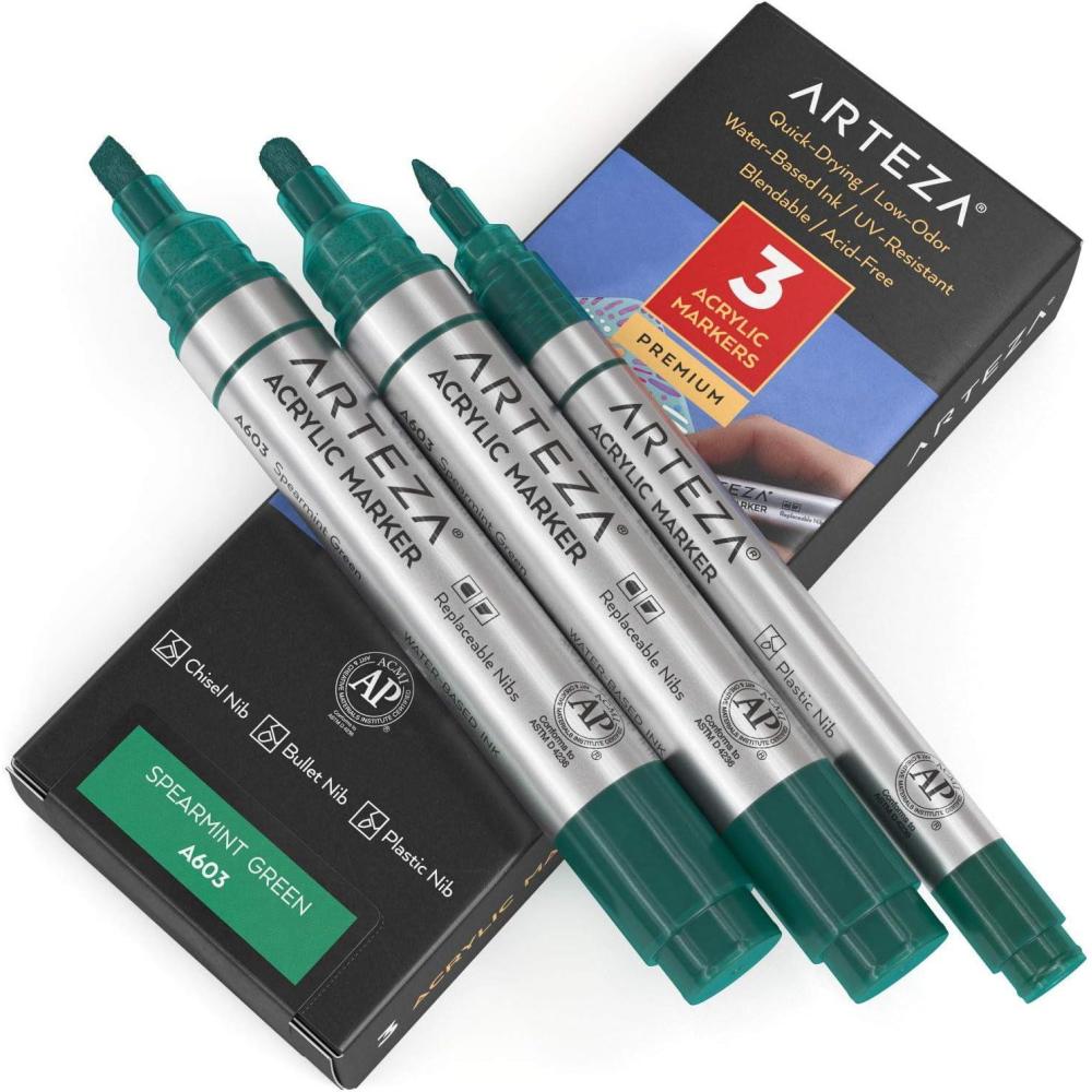 imageARTEZA Acrylic Paint Markers Pack of 3 A403 Rose Pink 1 Thin and 2 Thick Chisel Bullet Nib Paint Pens for Canvas Rock Glass WoodSpearmint Green A604