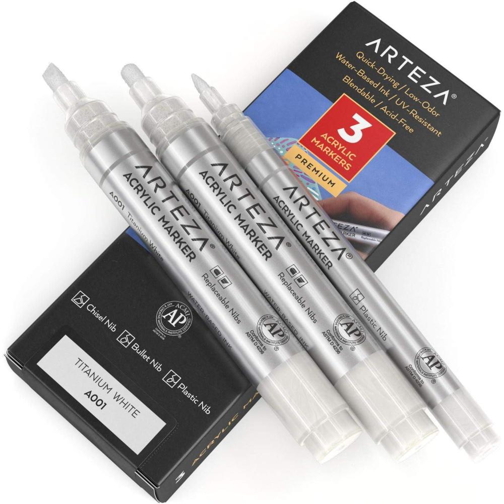 imageARTEZA Acrylic Paint Markers Pack of 3 A403 Rose Pink 1 Thin and 2 Thick Chisel  Bullet Nib Paint Pens for Canvas Rock Glass WoodTitanium White A001