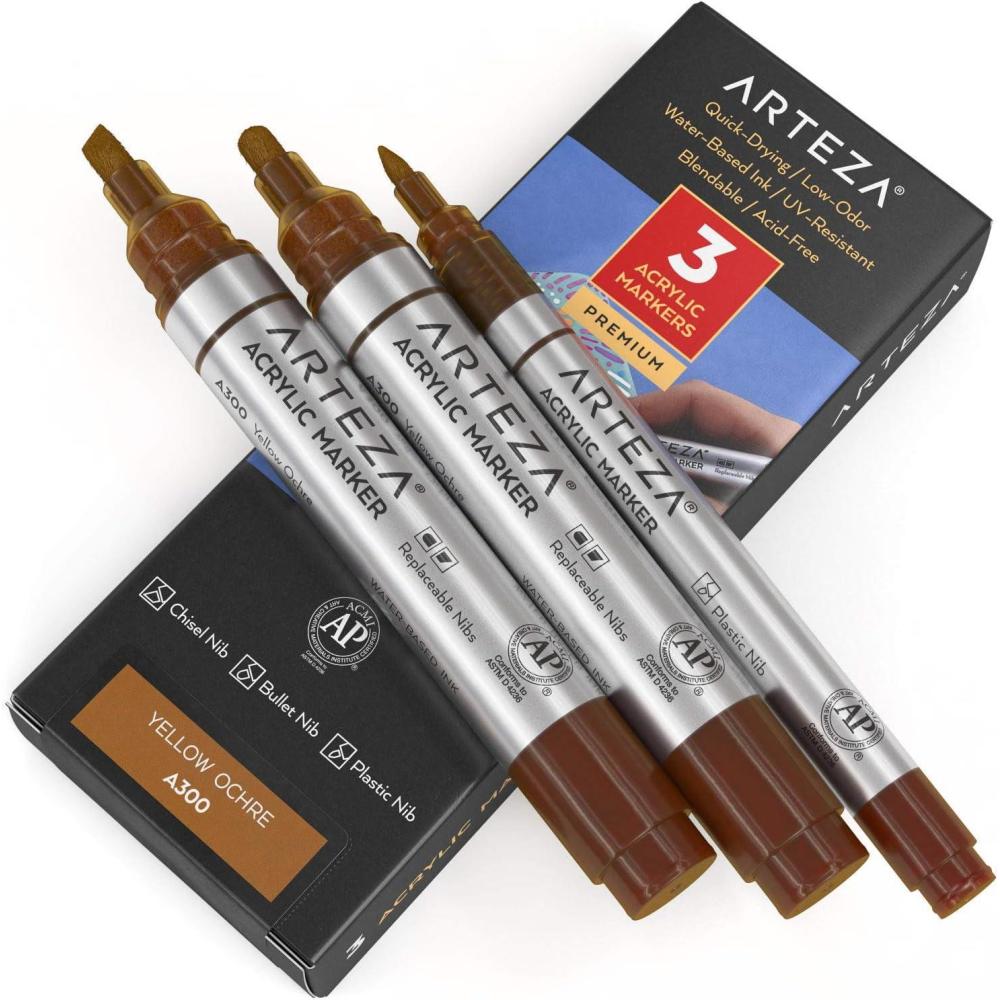 imageARTEZA Acrylic Paint Markers Pack of 3 A403 Rose Pink 1 Thin and 2 Thick Chisel  Bullet Nib Paint Pens for Canvas Rock Glass WoodYellow Ochre A300