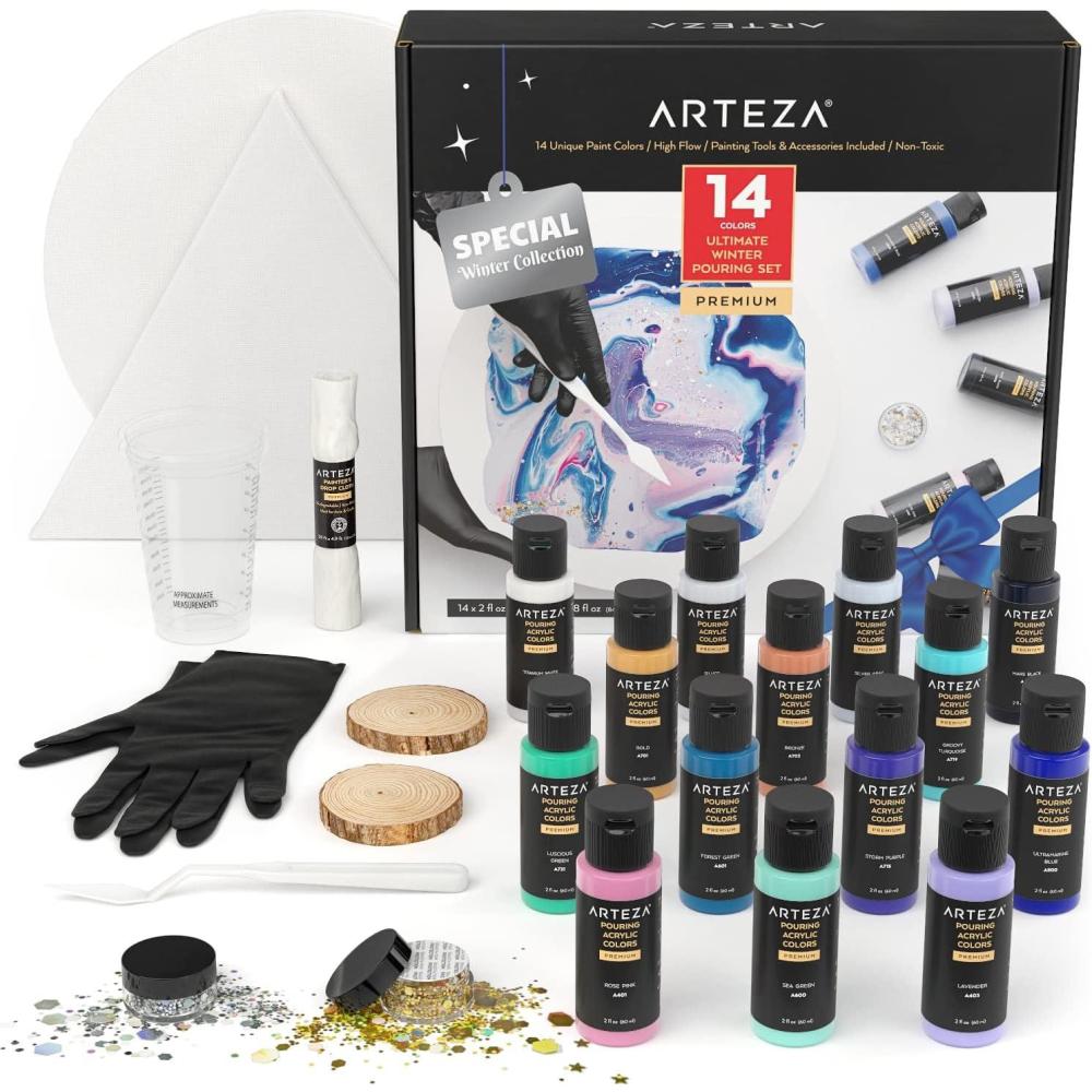 imageARTEZA Acrylic Pouring Kit  14 HighFlow Paints 2 Stretched Canvases 2 Wooden Slices Glitter Palette Knives amp Craft Tools for Acrylic Pouring Projects