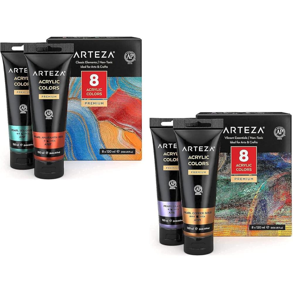 imageARTEZA Metallic Acrylic Paint Set of 8 Classic Elements and Set of 8 Vibrant Essentials Tones Bundle Painting Art Supplies for Artist Hobby Painters amp Beginners