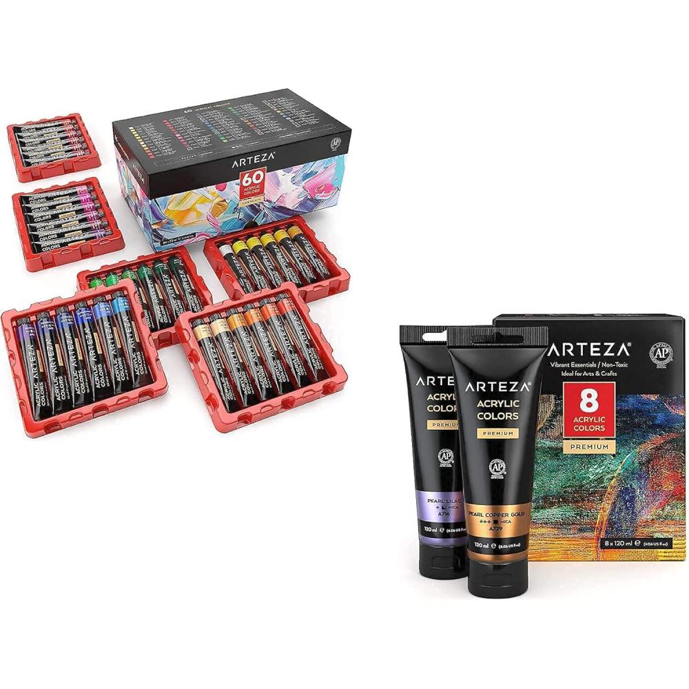 imageARTEZA Metallic Acrylic Paint Set of 8 Vibrant Essentials Colors and Acrylic Paint Set of 60 Colors Bundle Painting Art Supplies for Artist Hobby Painters amp Beginners