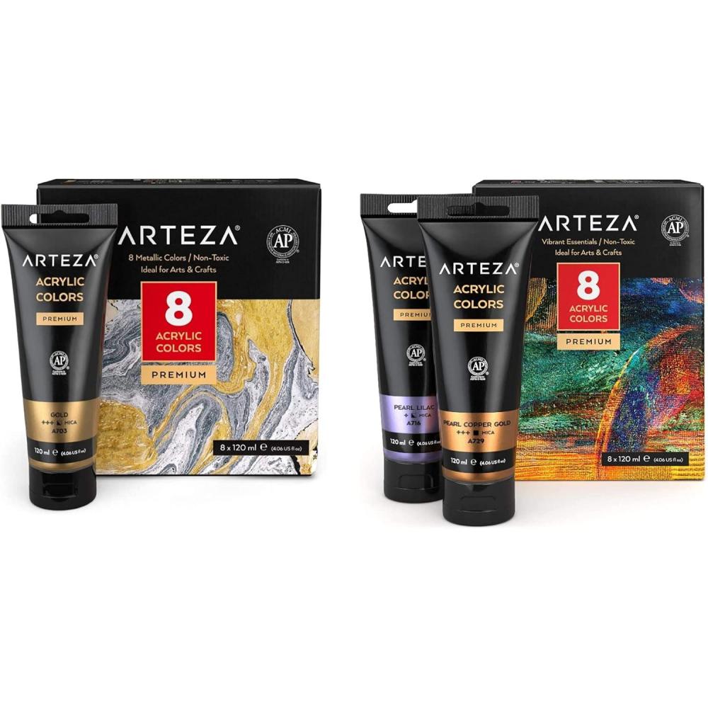imageARTEZA Metallic Acrylic Paint Set of 8 and Metallic Acrylic Paint Set of 8 Vibrant Essentials Painting Art Supplies for Artist Hobby Painters amp Beginners