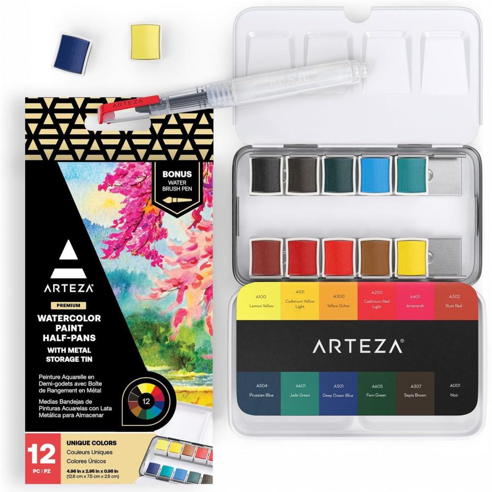 imageARTEZA Watercolor Paint Set of 12 Assorted Vibrant Colors in Half Pans Tin Box with Water Brush Pen for Artists and Beginners
