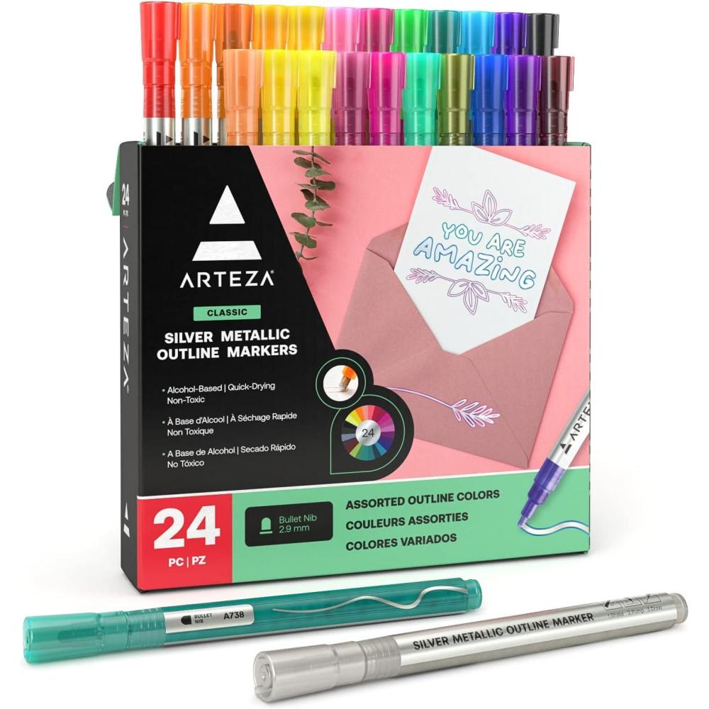 imageArteza Double Outline Markers 24 Colors Silver Alcohol Markers Create Metallic Lines with Vivid Color Outlines Work on Cards Paper and Canvas1 Count Pack of 24