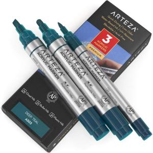 ARTEZA Acrylic Paint Markers, Pack of 3, A403 Rose Pink, 1 Thin and 2 Thick, Chisel + Bullet Nib, Paint Pens for Canvas, Rock, Glass, Wood(Deep Teal A503)