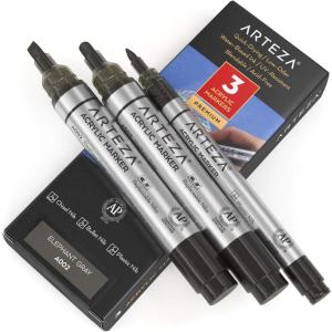 ARTEZA Acrylic Paint Markers, Pack of 3, A403 Rose Pink, 1 Thin and 2 Thick, Chisel + Bullet Nib, Paint Pens for Canvas, Rock, Glass, Wood(Elephant Gray A002)