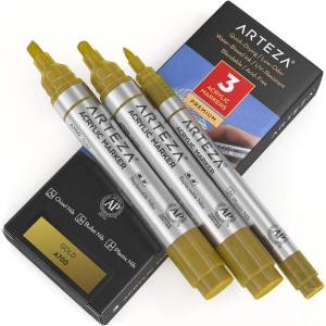 ARTEZA Acrylic Paint Markers, Pack of 3, A403 Rose Pink, 1 Thin and 2 Thick, Chisel + Bullet Nib, Paint Pens for Canvas, Rock, Glass, Wood(Gold A700)