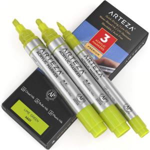 ARTEZA Acrylic Paint Markers, Pack of 3, A403 Rose Pink, 1 Thin and 2 Thick, Chisel + Bullet Nib, Paint Pens for Canvas, Rock, Glass, Wood(Lime Green A600)