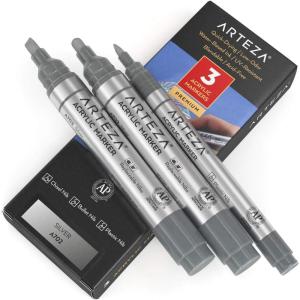 ARTEZA Acrylic Paint Markers, Pack of 3, A403 Rose Pink, 1 Thin and 2 Thick, Chisel + Bullet Nib, Paint Pens for Canvas, Rock, Glass, Wood(Silver A702)