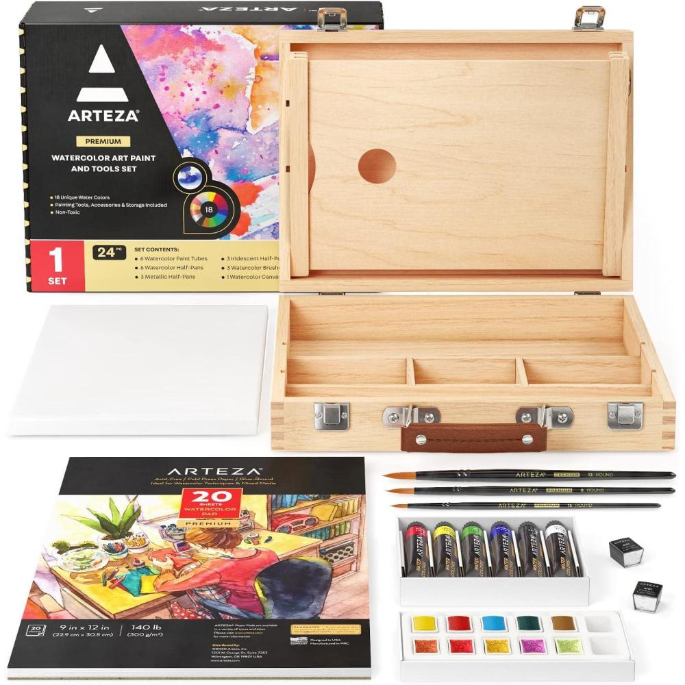 imageArteza Watercolor Paint Kit 24 Pieces 18 Vibrant Watercolors 3 Watercolor Brushes Watercolor Paper Pad and Canvas and Wooden Storage Case Art Supplies for PaintersWatercolor