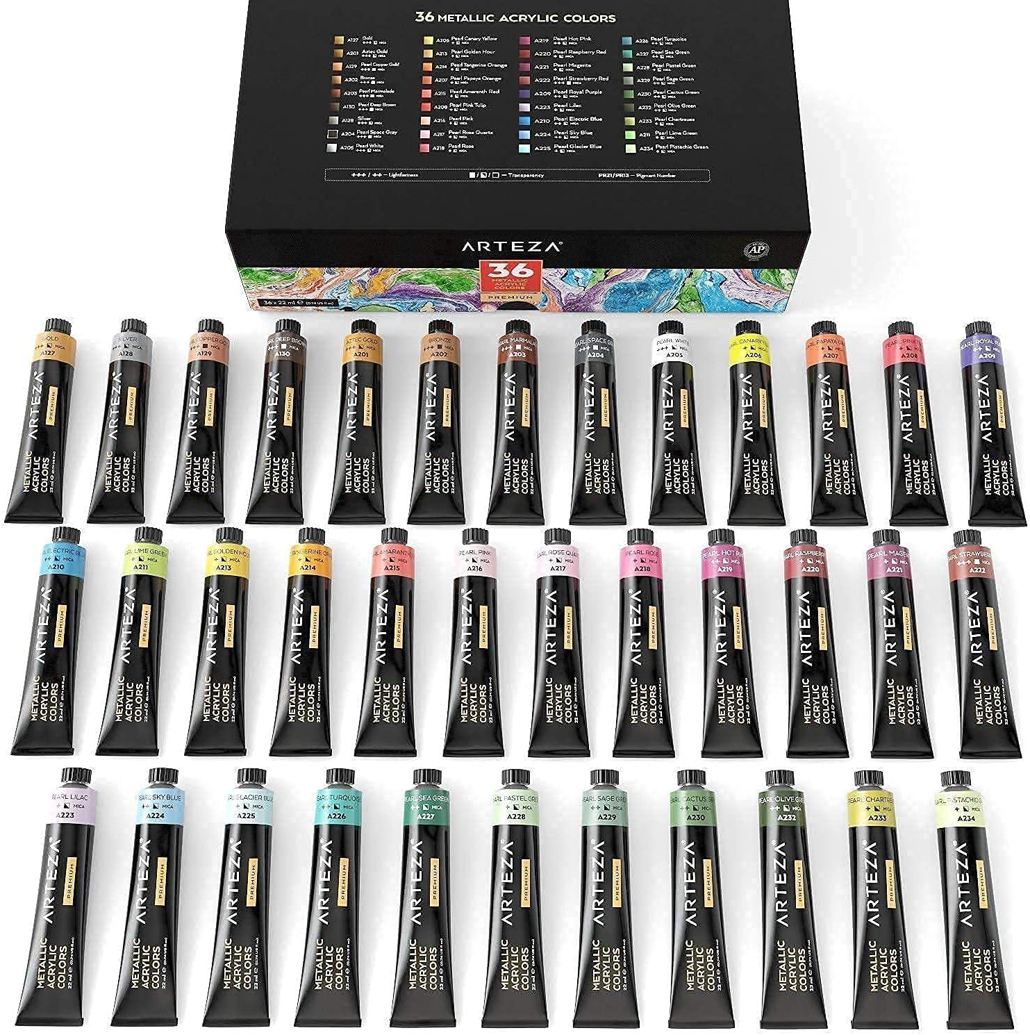 imageARTEZA Acrylic and Metallic Acrylic Paint Set Bundle Painting Art Supplies for Artist Hobby Painters amp Beginners