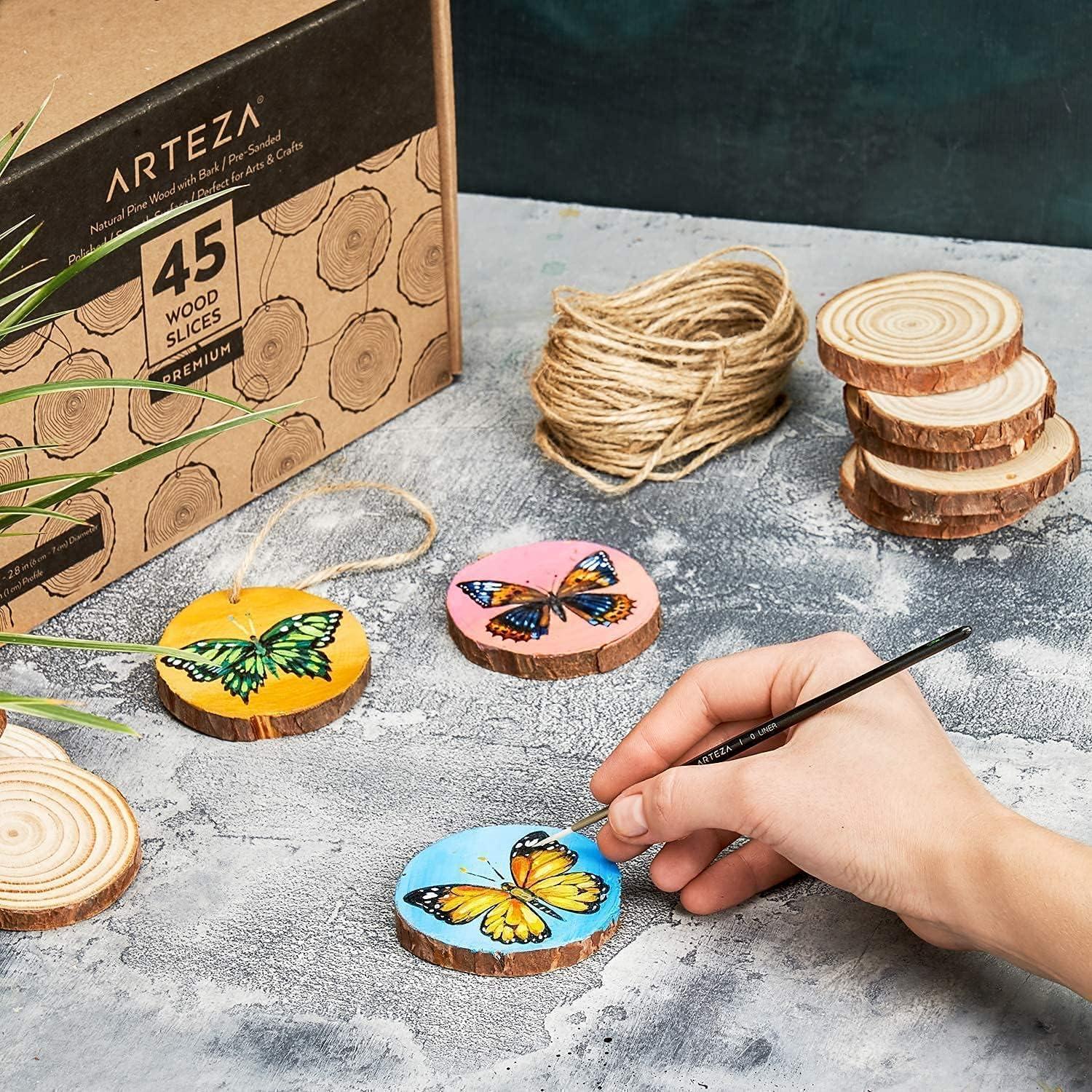 imageARTEZA Iridescent Acrylic Paint Set and Wood Slices with Bark Bundle Painting Art Supplies for Artist Hobby Painters amp Beginners