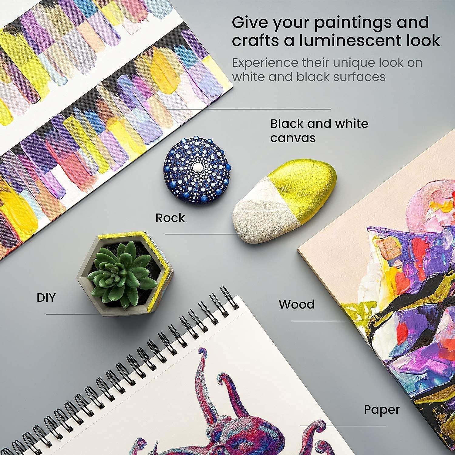 imageARTEZA Iridescent Acrylic Paint Set and Wood Slices with Bark Bundle Painting Art Supplies for Artist Hobby Painters amp Beginners