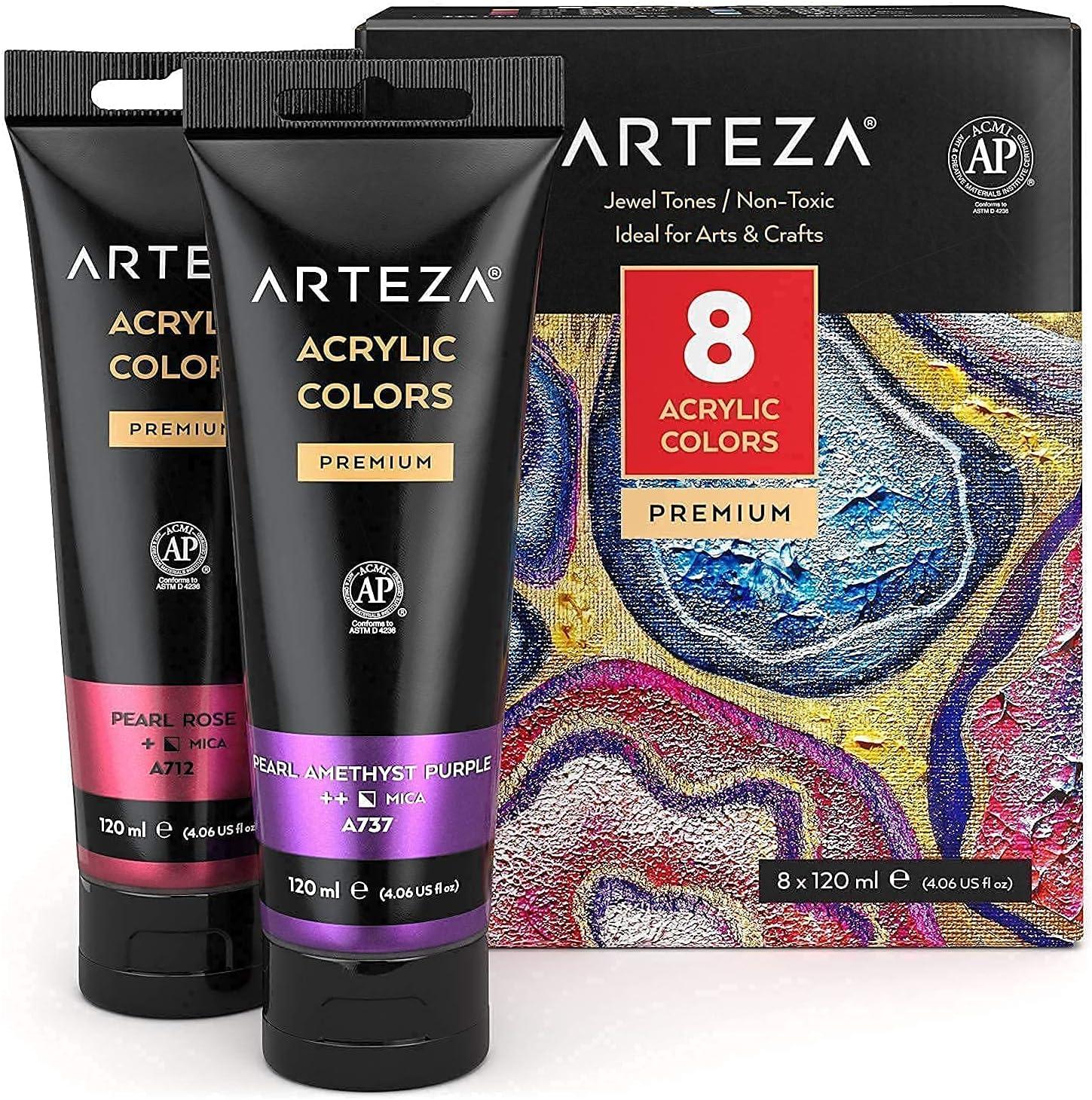 imageARTEZA Metallic Acrylic Paint and Canvas Bundle Jewel Tones Painting Art Supplies for Artist Hobby Painters amp Beginners