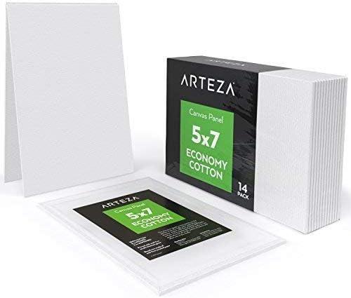 imageArteza Bundle 5x7 Bulk Pack of 100 Economy Cotton Canvas Panels Set of 14 and Acrylic Paint Set of 60 Assorted Colors Painting Art Supplies for Artist Hobby Painters amp Beginners