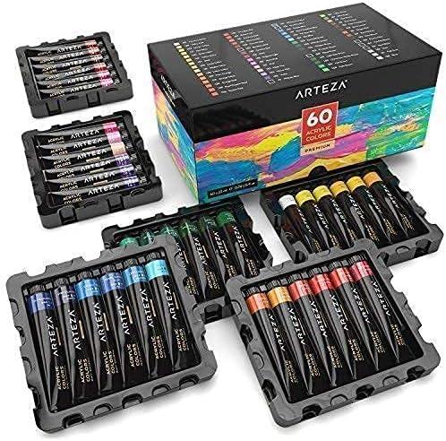 imageArteza Bundle 5x7 Bulk Pack of 100 Economy Cotton Canvas Panels Set of 14 and Acrylic Paint Set of 60 Assorted Colors Painting Art Supplies for Artist Hobby Painters amp Beginners