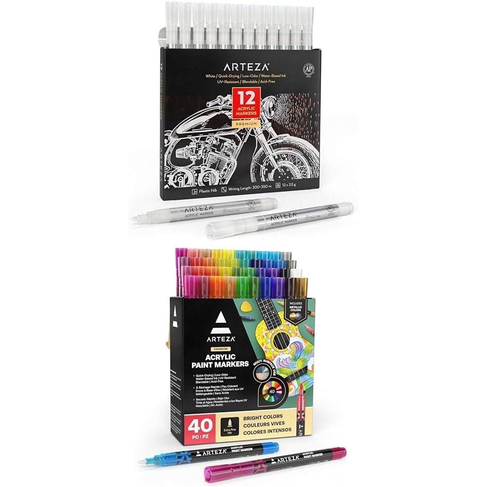 imageARTEZA Acrylic Paint Markers Pack of 12 White Acrylic Paint Pens and Acrylic Paint Markers Set of 40 Acrylic Paint Pens in Assorted Colors