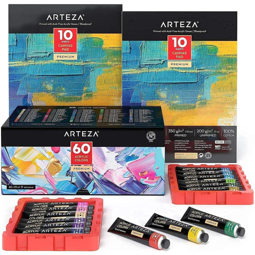 imageARTEZA Acrylic Paint and Canvas Pads Bundle Painting Art Supplies for Artist Hobby Painters amp Beginners