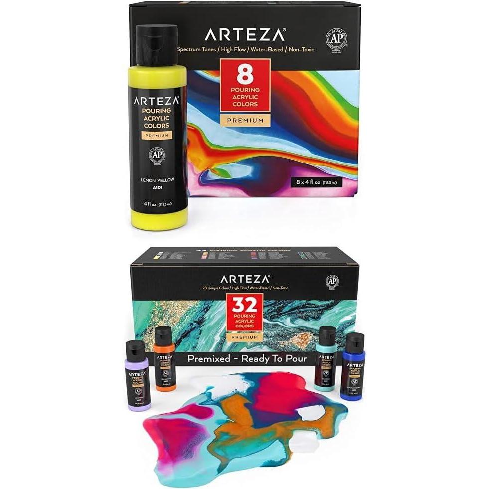 imageARTEZA Acrylic Pouring Paint Set 8 Rainbow Colors and Acrylic Pouring Paint Set of 32