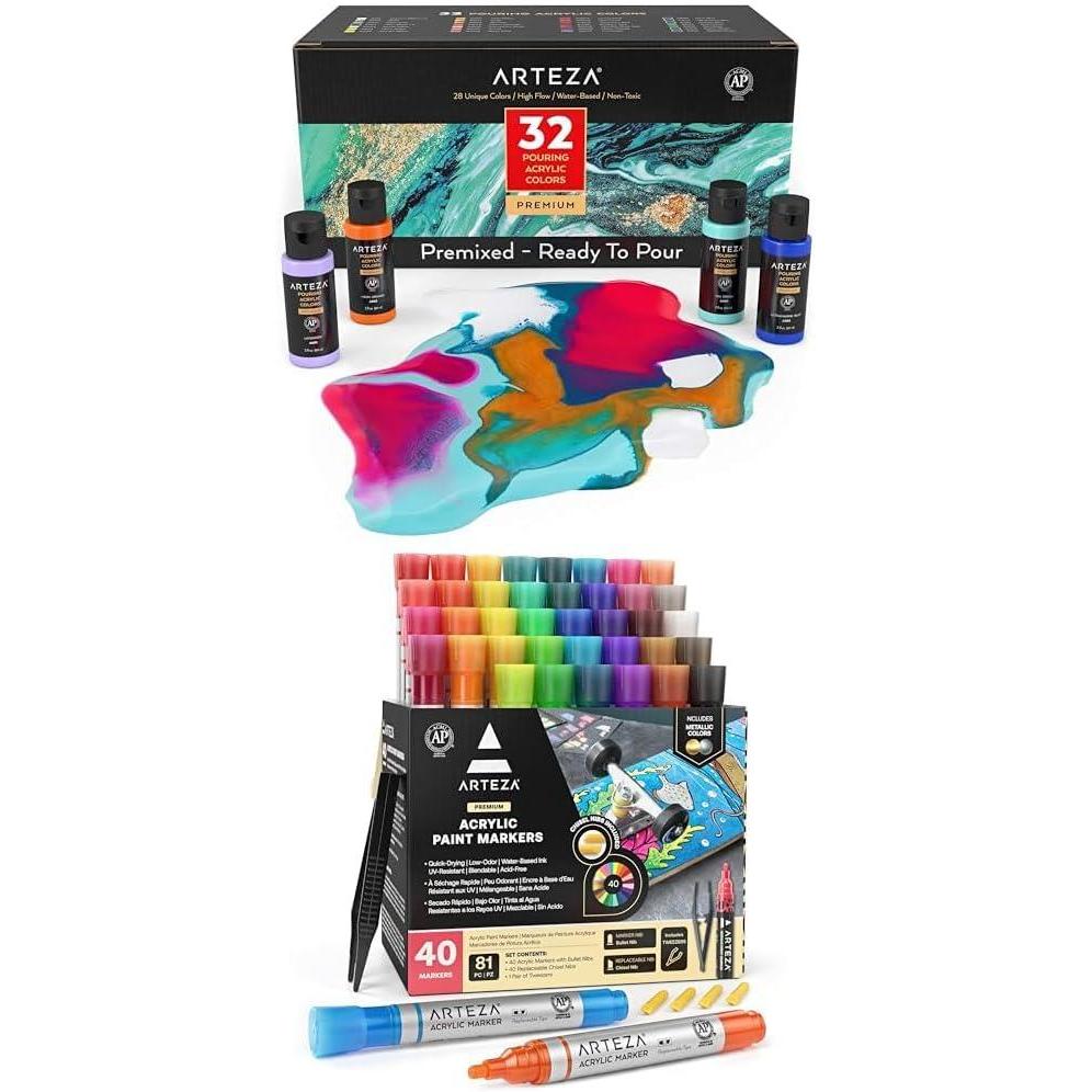 imageARTEZA Acrylic Pouring Paint Set of 32 and Acrylic Paint Markers Set of 40 Acrylic Paint Pens in Assorted Colors