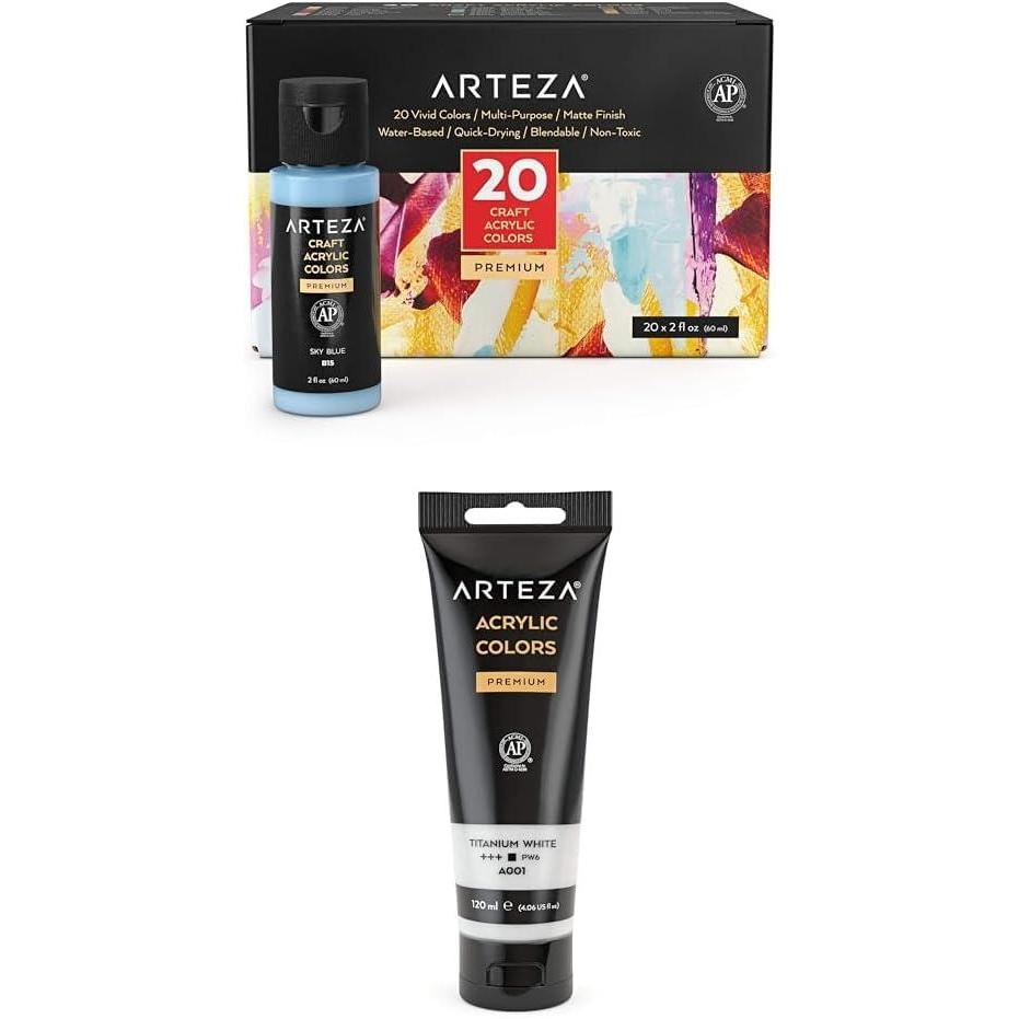 imageARTEZA Craft Acrylic Paint Set of 20 Colors and Acrylic Paint Titanium White Color