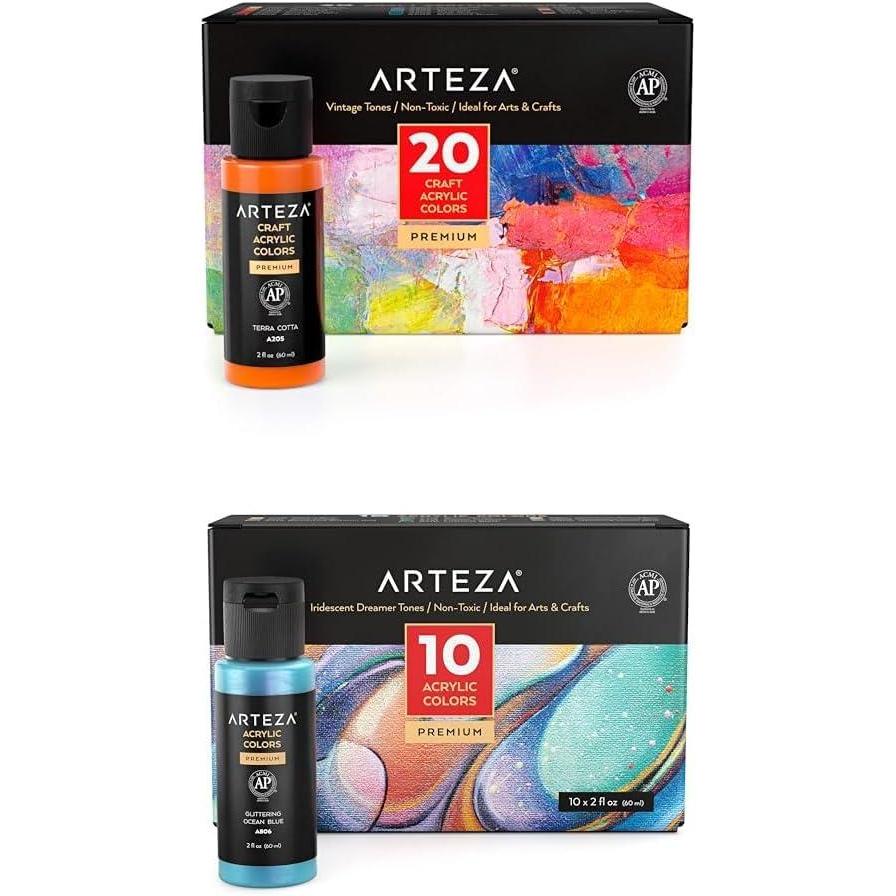 imageARTEZA Craft Acrylic Paint Set of 20 Vintage Tones and Iridescent Acrylic Paint Set of 10 Dreamer Colors