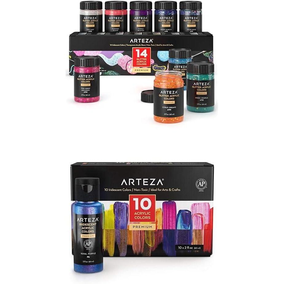 imageARTEZA Glitter Acrylic Paint 14 Iridescent Colors and Iridescent Acrylic Paint Set of 10 Chameleon Colors