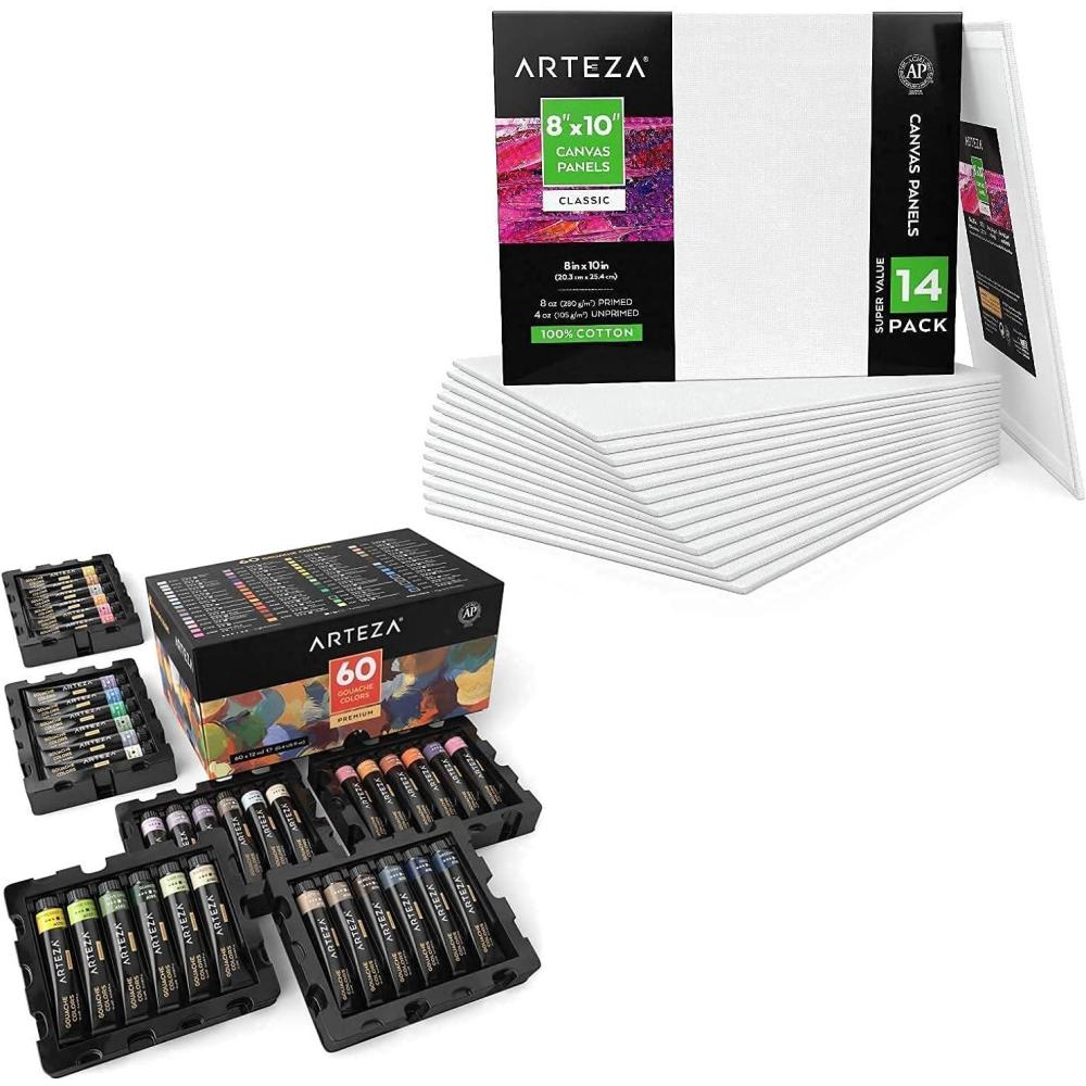 imageARTEZA Gouache Paint and Canvas Bundle Painting Art Supplies for Artist Hobby Painters amp Beginners