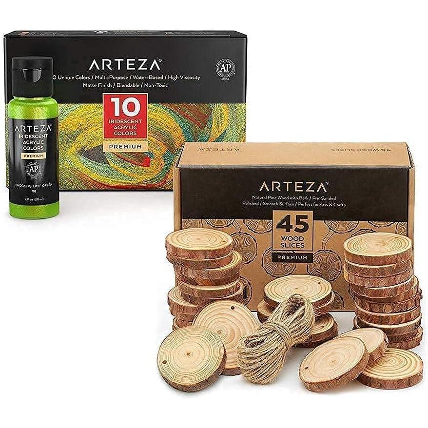imageARTEZA Iridescent Acrylic Paint Set and Wood Slices with Bark Bundle Painting Art Supplies for Artist Hobby Painters amp Beginners