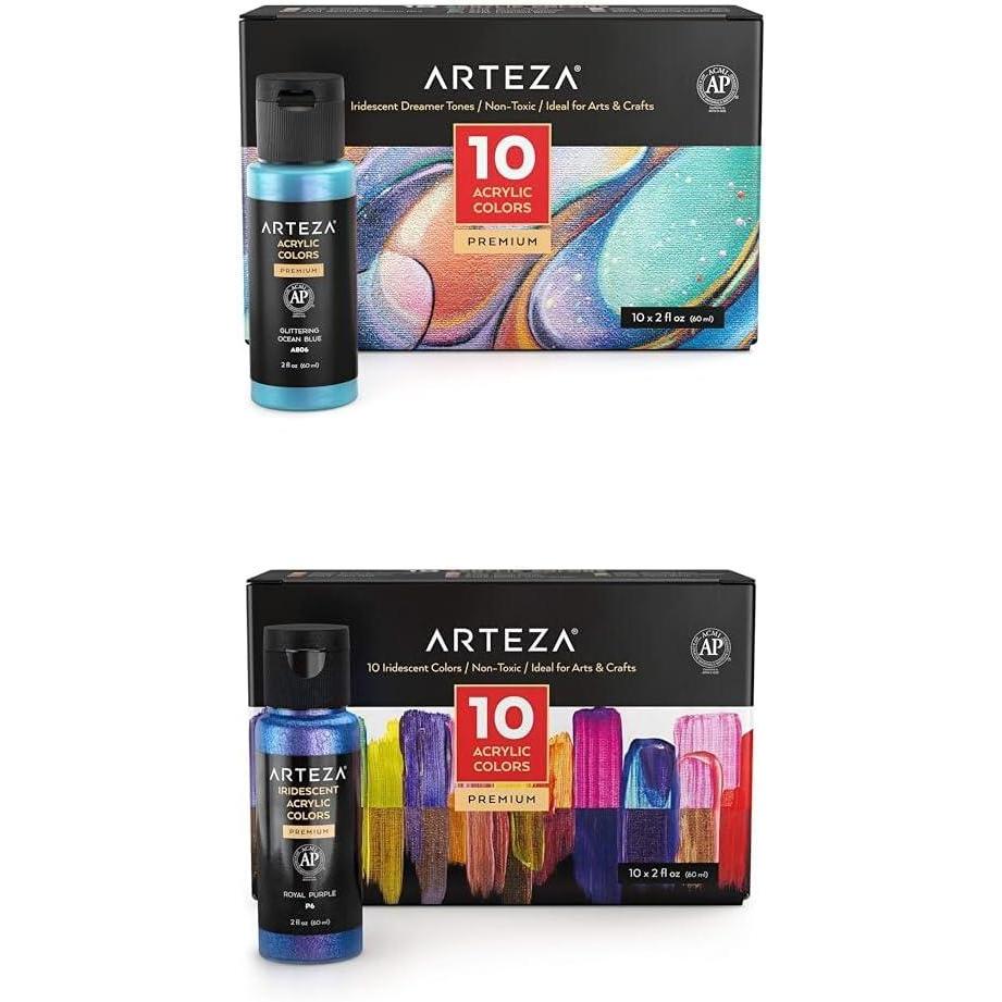 imageARTEZA Iridescent Acrylic Paint Set of 10 Dreamer Colors and Iridescent Acrylic Paint Set of 10 Chameleon Colors