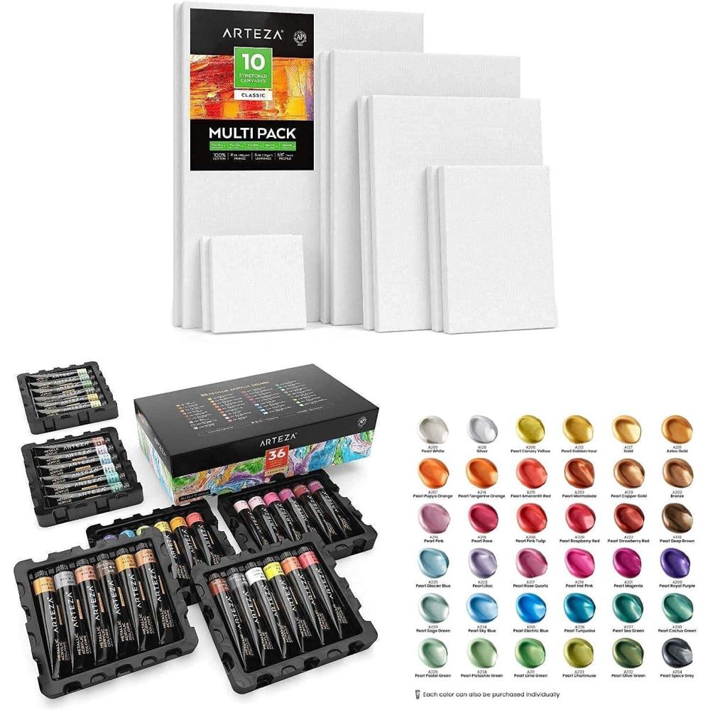 imageARTEZA Metallic Acrylic Colors Bundle Painting Art Supplies for Artist Hobby Painters amp Beginners