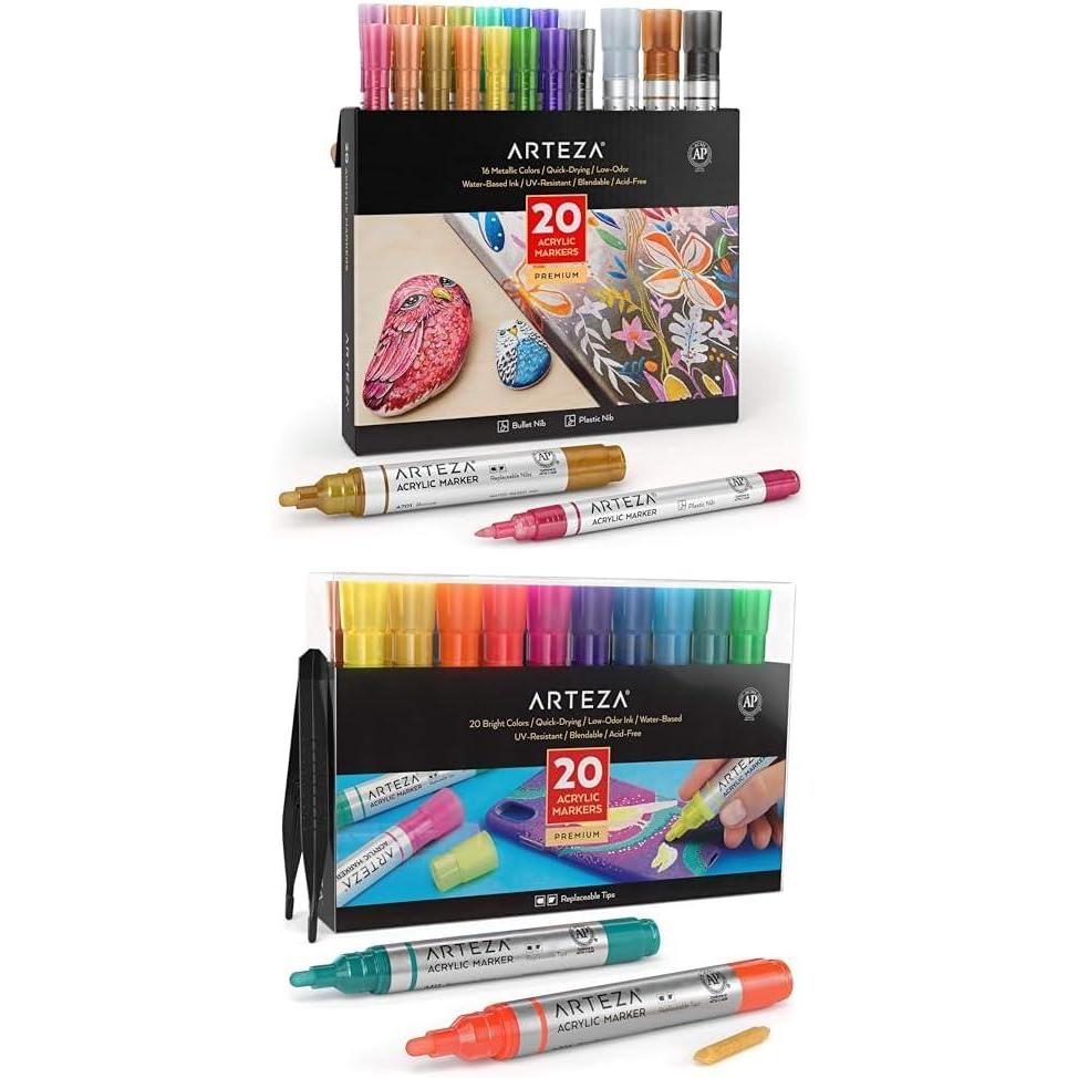 imageARTEZA Metallic Acrylic Paint Markers Set of 20 and Acrylic Paint Markers Set of 20 Acrylic Paint Pens in Assorted Colors
