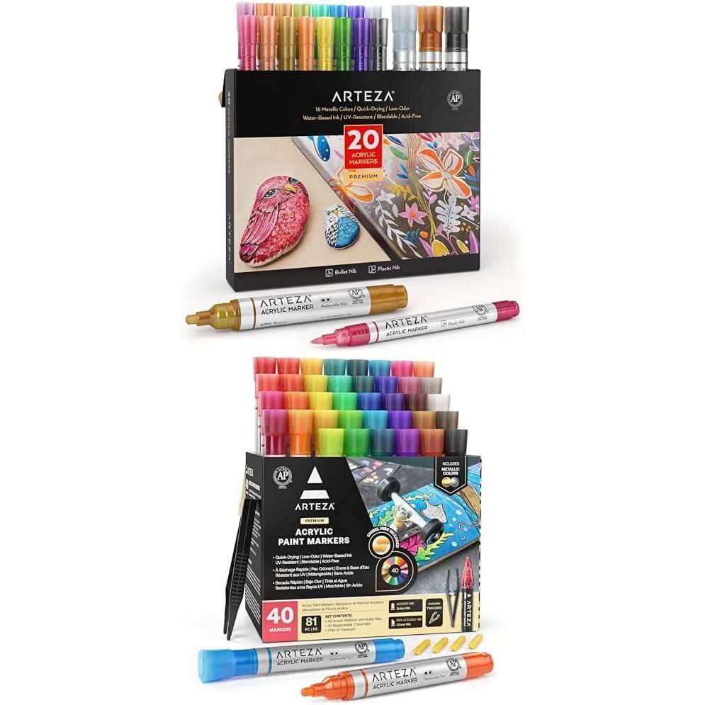 imageARTEZA Metallic Acrylic Paint Markers Set of 20 and Acrylic Paint Markers Set of 40 Acrylic Paint Pens in Assorted Colors