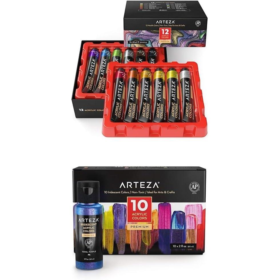 imageARTEZA Metallic Acrylic Paint Set of 12 ColorsTubes 074 oz and Iridescent Acrylic Paint Set of 10 Chameleon Colors