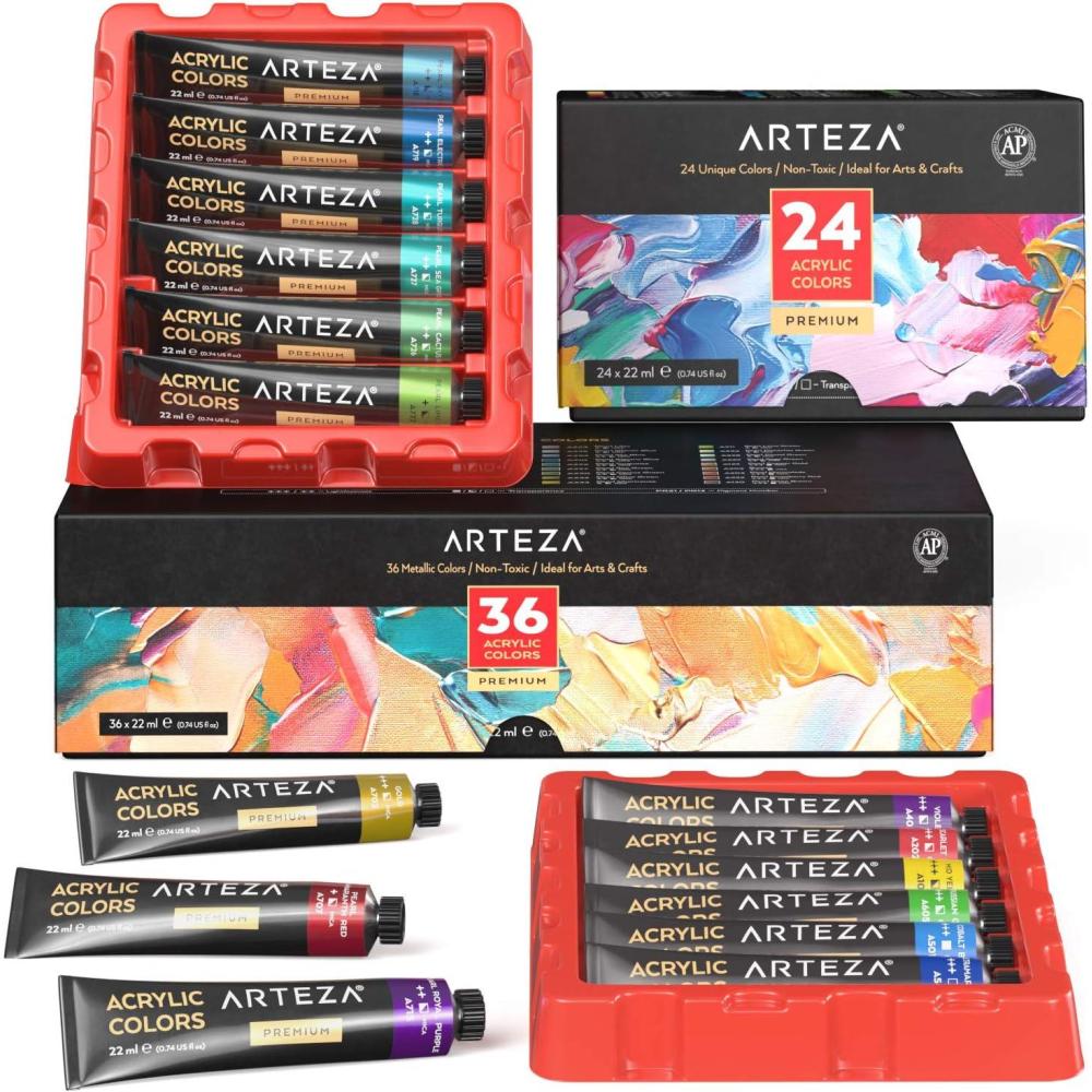 imageARTEZA Metallic Acrylic Paint Set of 36 Colors with Acrylic Paint Set of 24 Colors Painting Art Supplies for Artist Hobby Painters amp Beginners