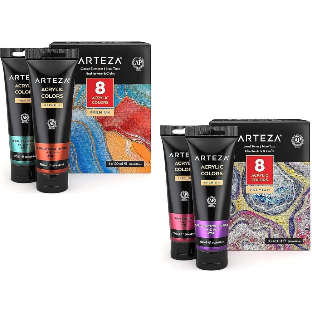 imageARTEZA Metallic Acrylic Paint Set of 8 Classic Elements and Set of 8 Jewel Tones Bundle Painting Art Supplies for Artist Hobby Painters amp Beginners