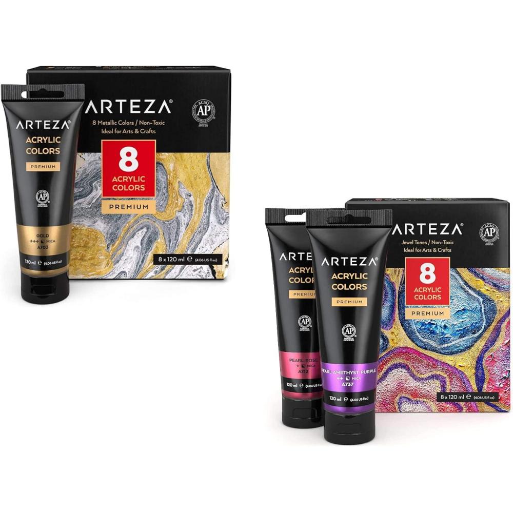 imageARTEZA Metallic Acrylic Paint Set of 8 and Metallic Acrylic Paint Set of 8 Jewel Tones Painting Art Supplies for Artist Hobby Painters amp Beginners