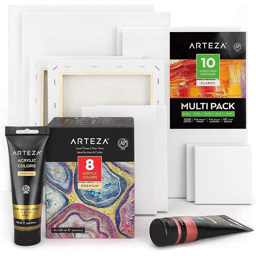 imageARTEZA Metallic Acrylic Paint and Canvas Bundle Jewel Tones Painting Art Supplies for Artist Hobby Painters amp Beginners
