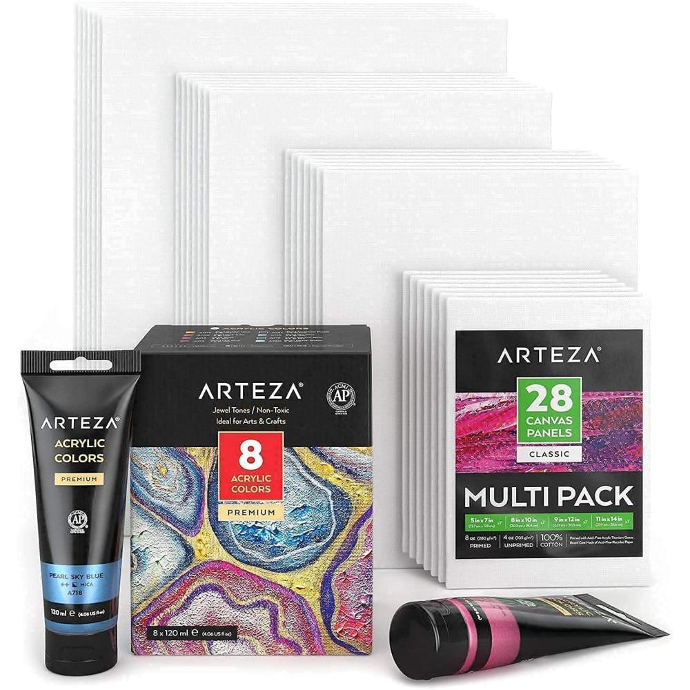 imageARTEZA Metallic Acrylic Paint and Canvas Bundle Painting Art Supplies for Artist Hobby Painters amp Beginners