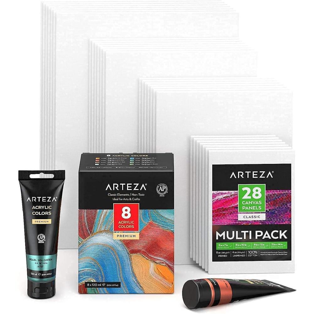 imageARTEZA Metallic Acrylic Paint and Canvas Multi Pack Bundle Painting Art Supplies for Artist Hobby Painters amp Beginners