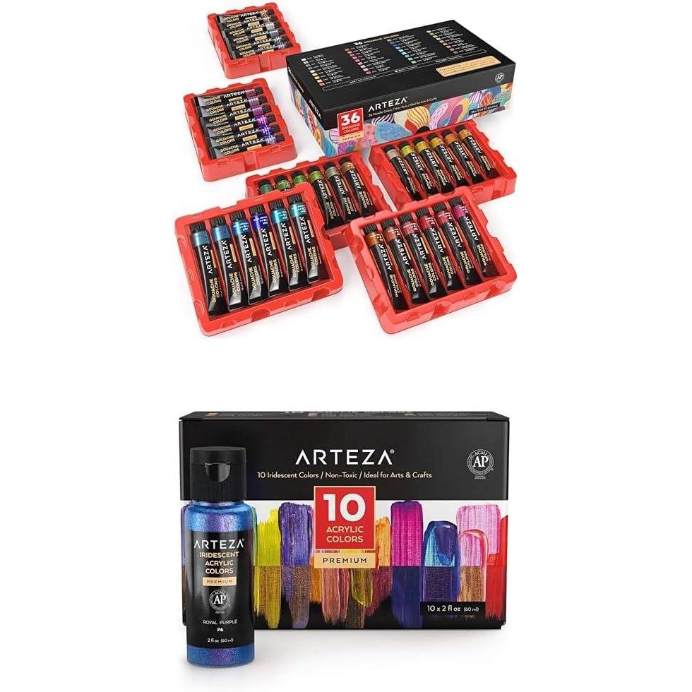 imageARTEZA Metallic Gouache Paint Set Set of 36 Pearl Paint Colors in 12ml04 US fl oz Tubes and Iridescent Acrylic Paint Set of 10 Chameleon Colors