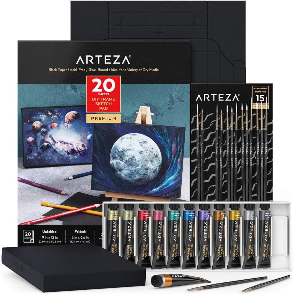 imageARTEZA Metallic Gouache Paint Set with Black Canvas Paper Includes 12 Gouache Colors Foldable Canvas DIY Art Kit for Artists amp BeginnersBlack