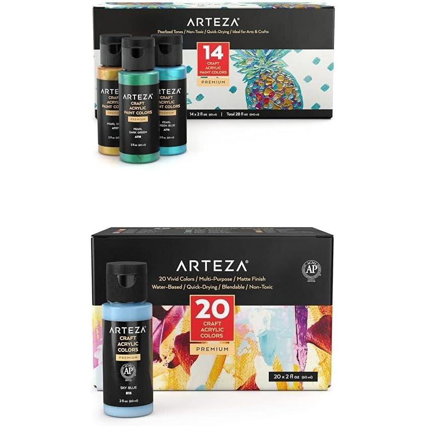 imageARTEZA Pearlescent Acrylic Paint Set of 14 2 fl oz Bottles and Craft Acrylic Paint Set of 20 Colors