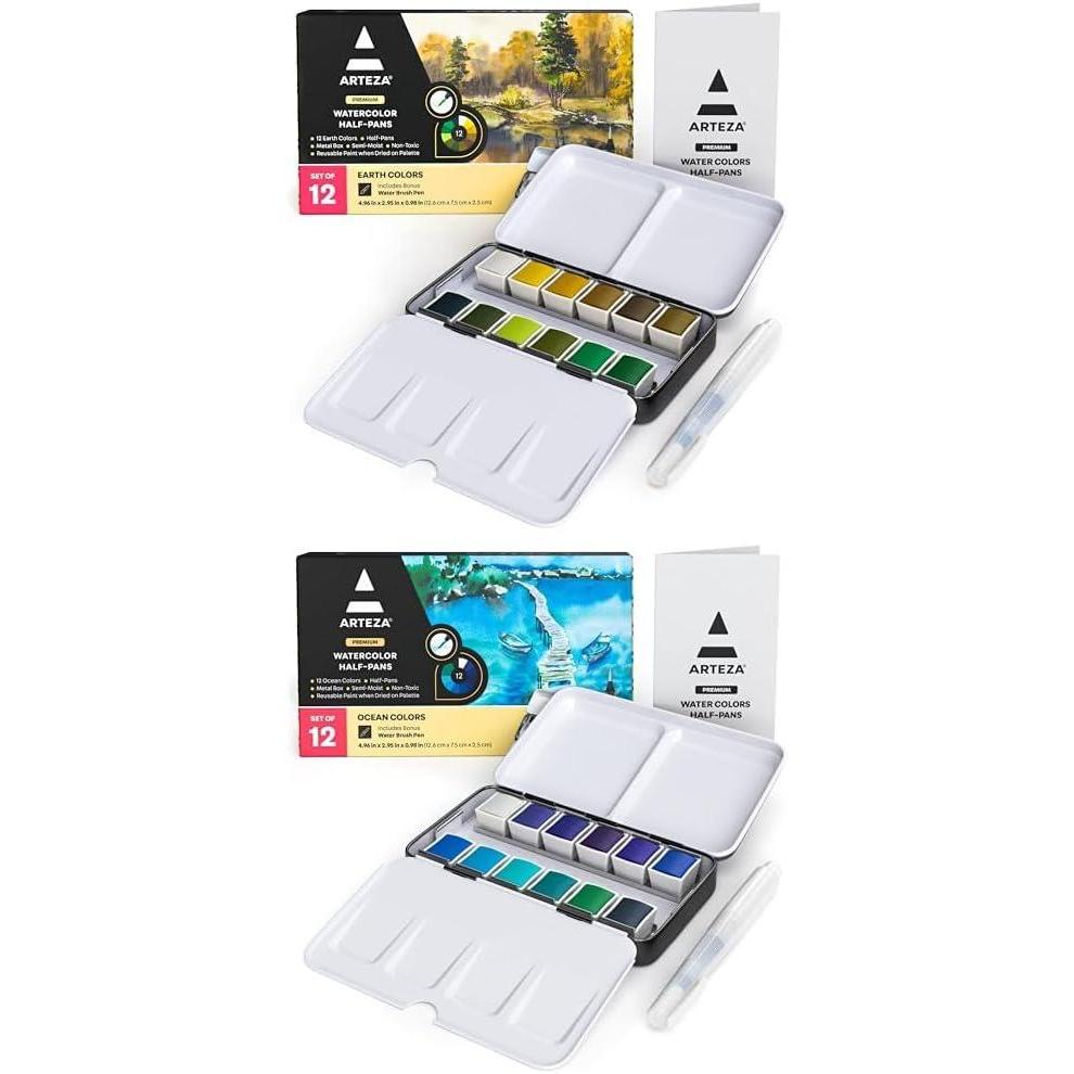imageARTEZA Watercolor Paint Set 12 Watercolor Half Pans in Earth Tones and Watercolor Paint Set with Water Brush 12 Watercolor Half Pans