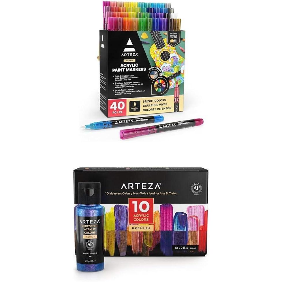 imageArteza Acrylic Paint Markers Set of 40 Acrylic Paint Pens in Assorted Colors and Iridescent Acrylic Paint Set of 10 Chameleon Colors