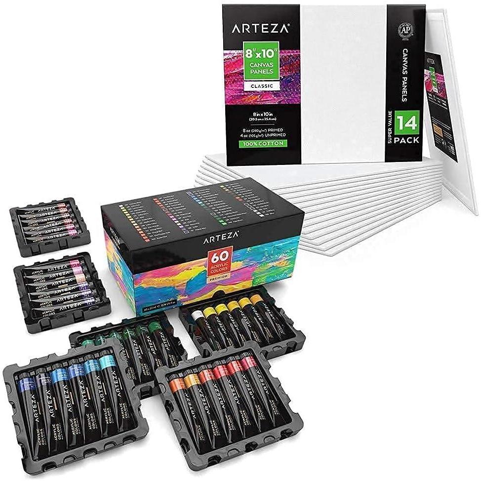 imageArteza Acrylic Paint Set and Canvas Boards Bundle for Artist Painting Art Supplies for Artist Hobby Painters amp Beginners