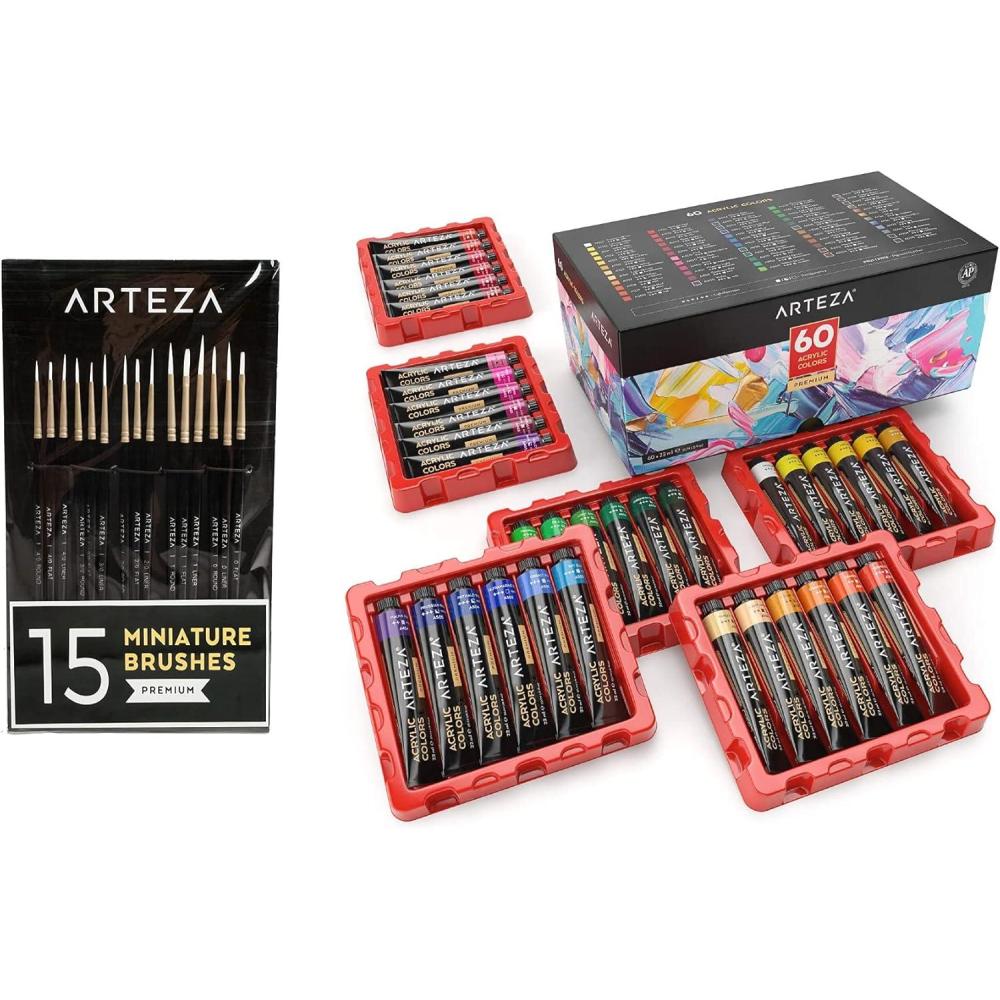 imageArteza Acrylic Paint Set and Detail Paint Brushes Painting Art Supplies for Artist Hobby Painters amp Beginners